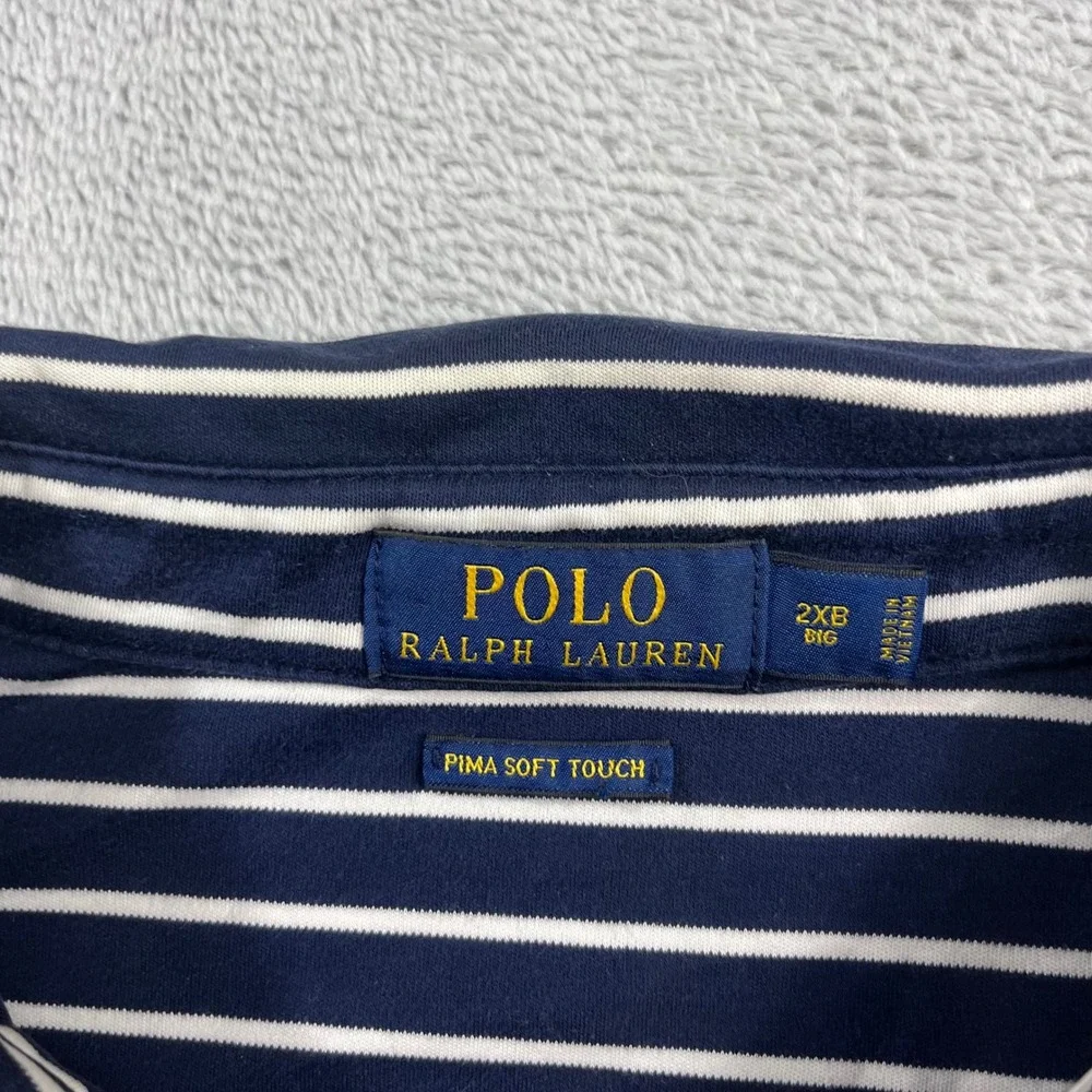 Polo Ralph Lauren Men 2XB Big Navy Blue White Striped Pima Soft Touch Polo Shirt
